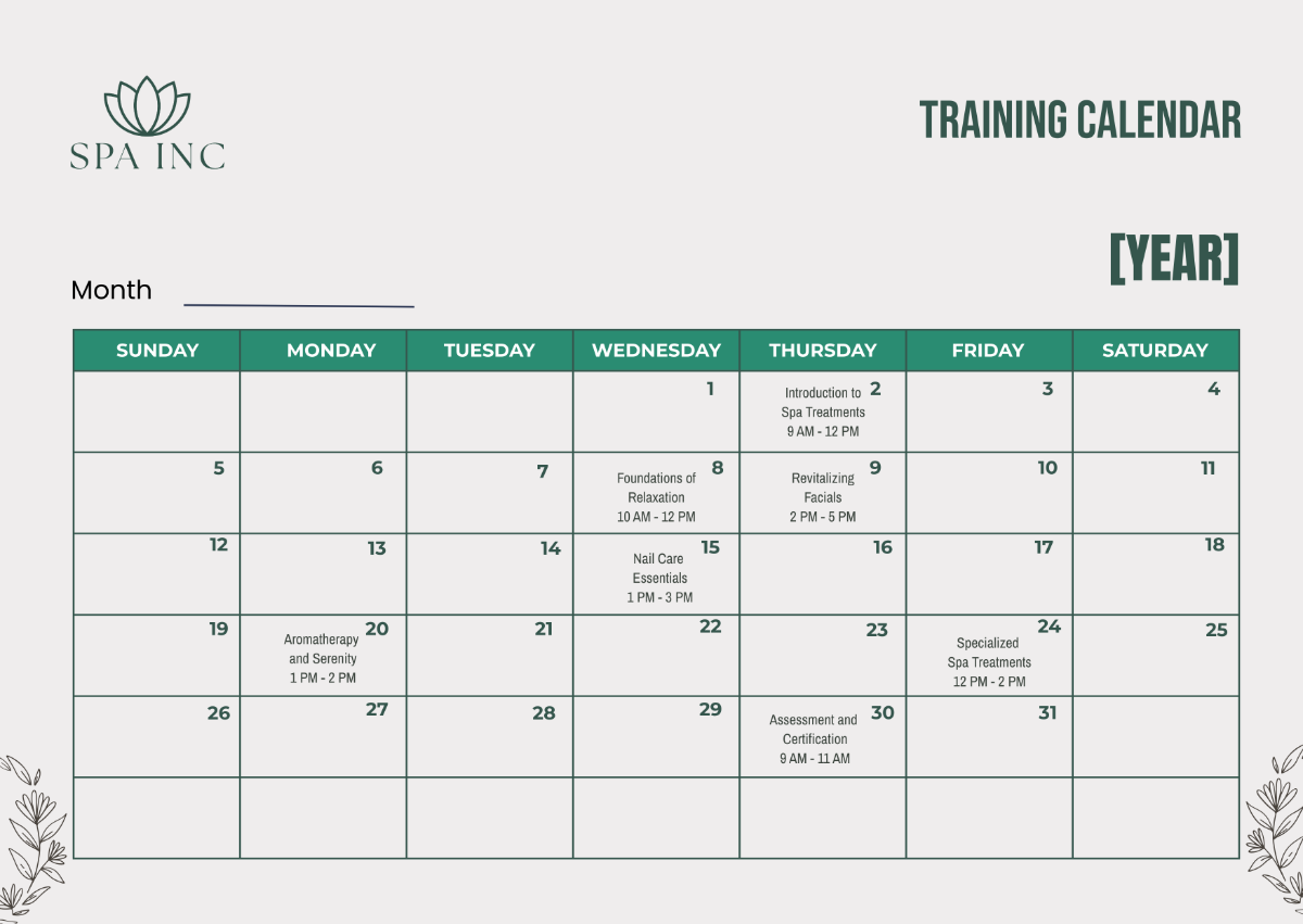 Spa Training Calendar
