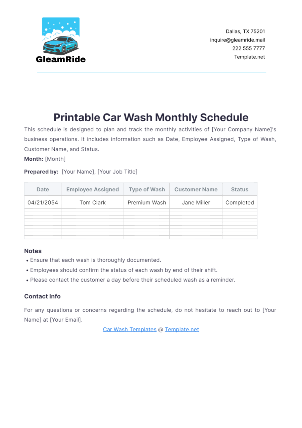 Printable Car Wash Monthly Schedule Template - Edit Online & Download