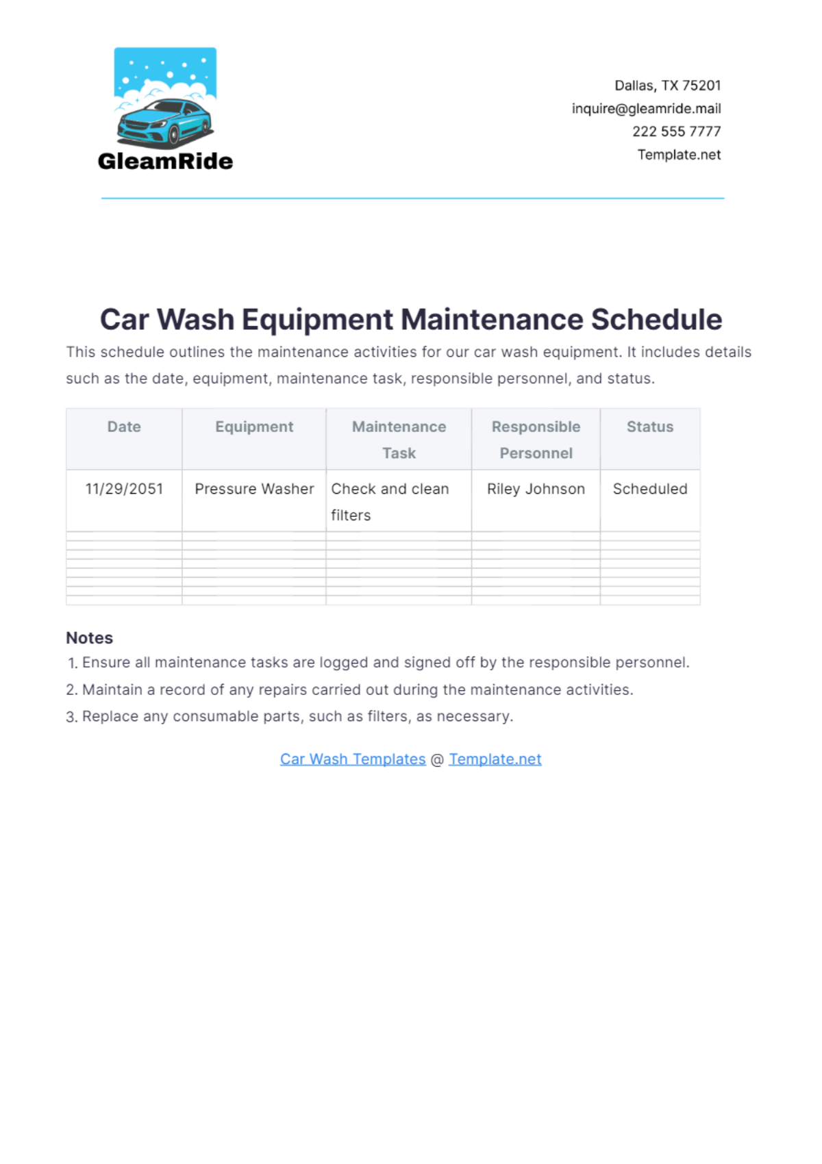 Car Wash Equipment Maintenance Schedule Layout Template - Edit Online & Download