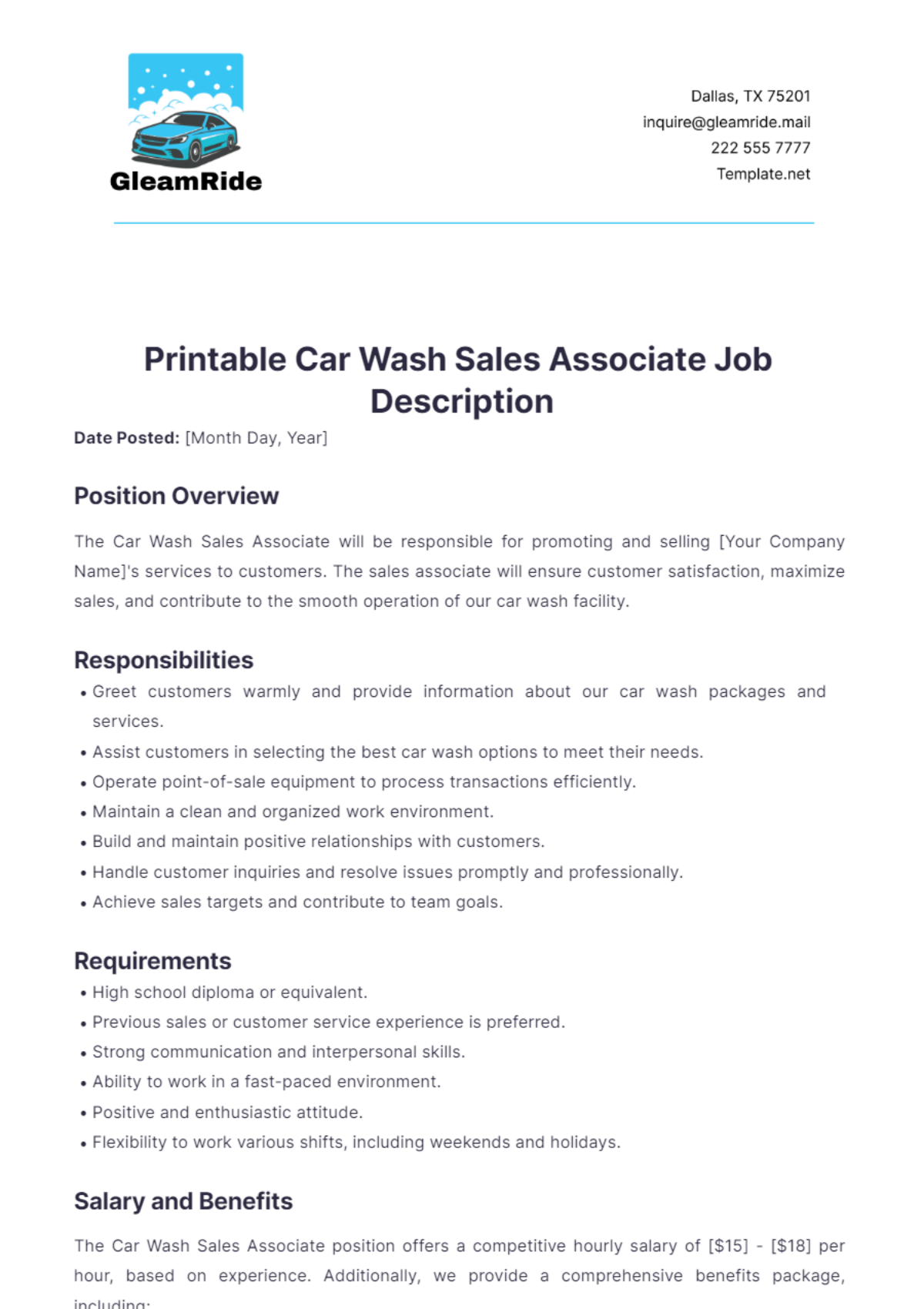 Printable Car Wash Sales Associate Job Description Template - Edit Online & Download