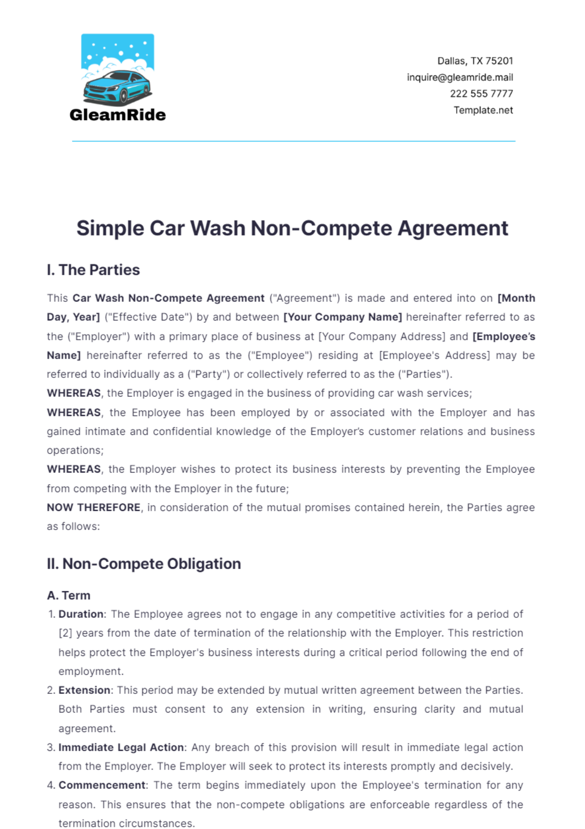 Simple Car Wash Non-Compete Agreement Template - Edit Online & Download