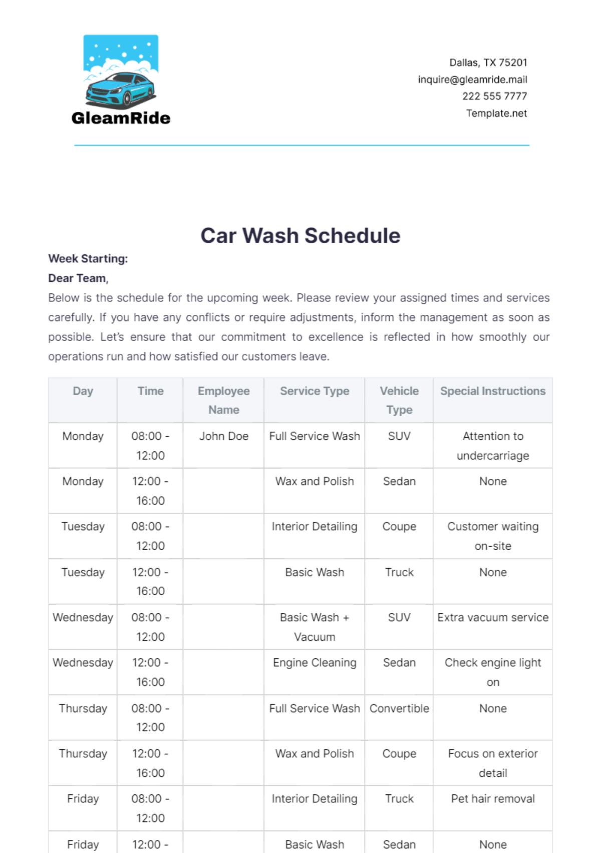 Car Wash Schedule Template - Edit Online & Download