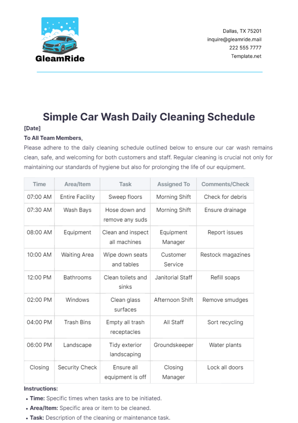 Simple Car Wash Daily Cleaning Schedule Template - Edit Online & Download