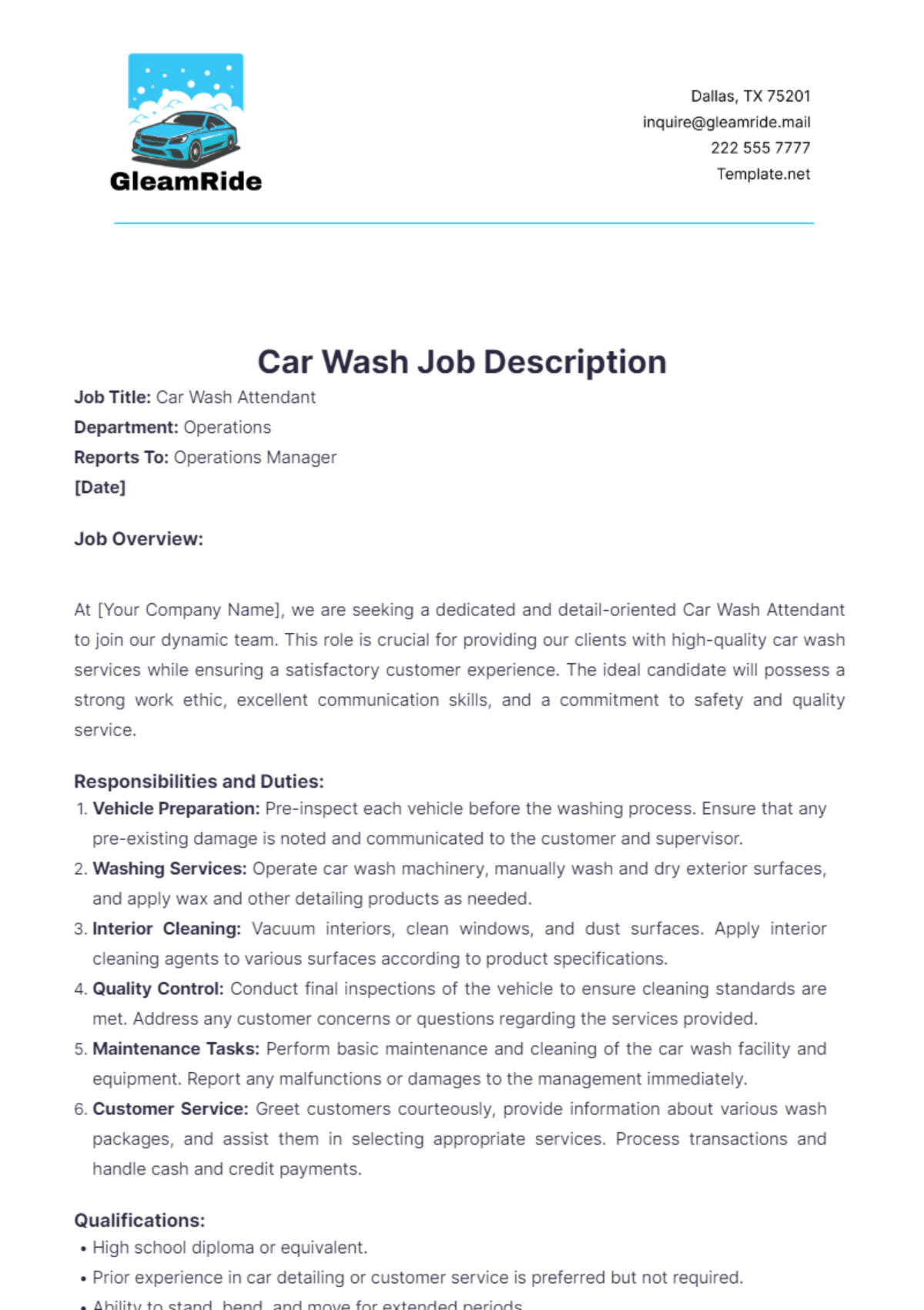 Car Wash Job Description Template - Edit Online & Download