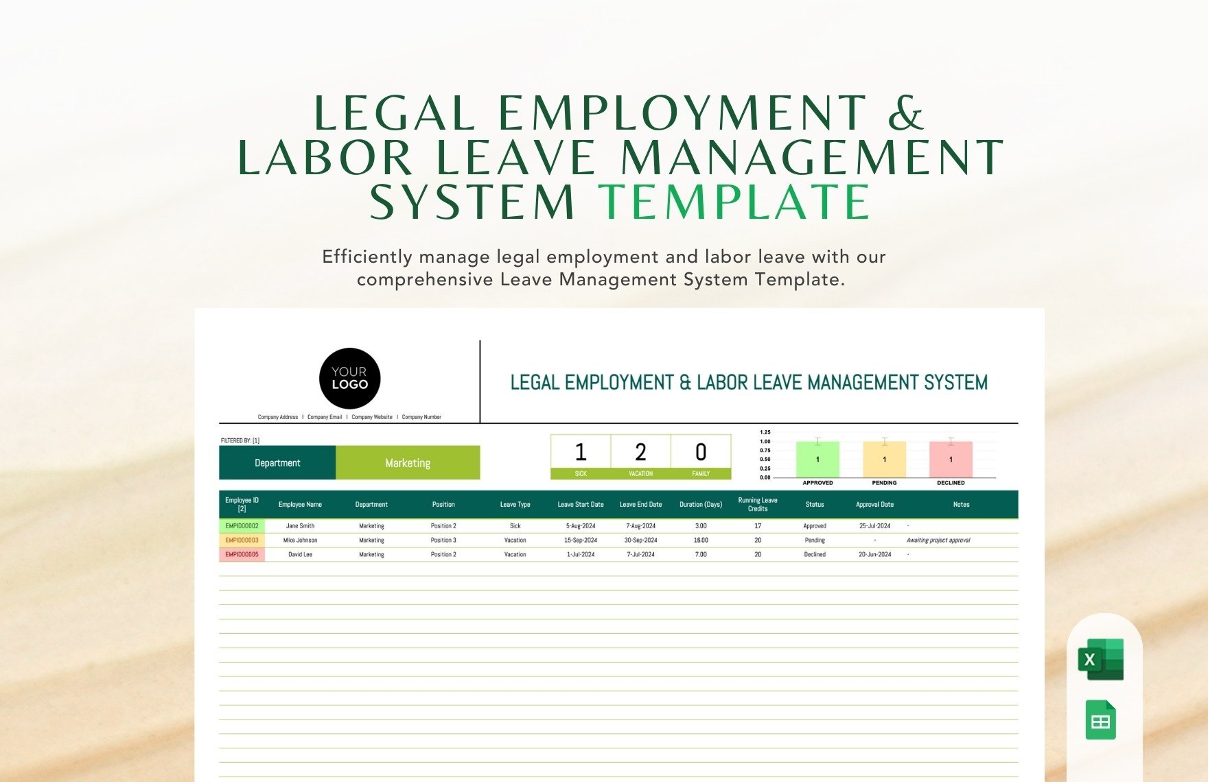 Legal Employment & Labor Leave Management System Template in Excel, Google Sheets