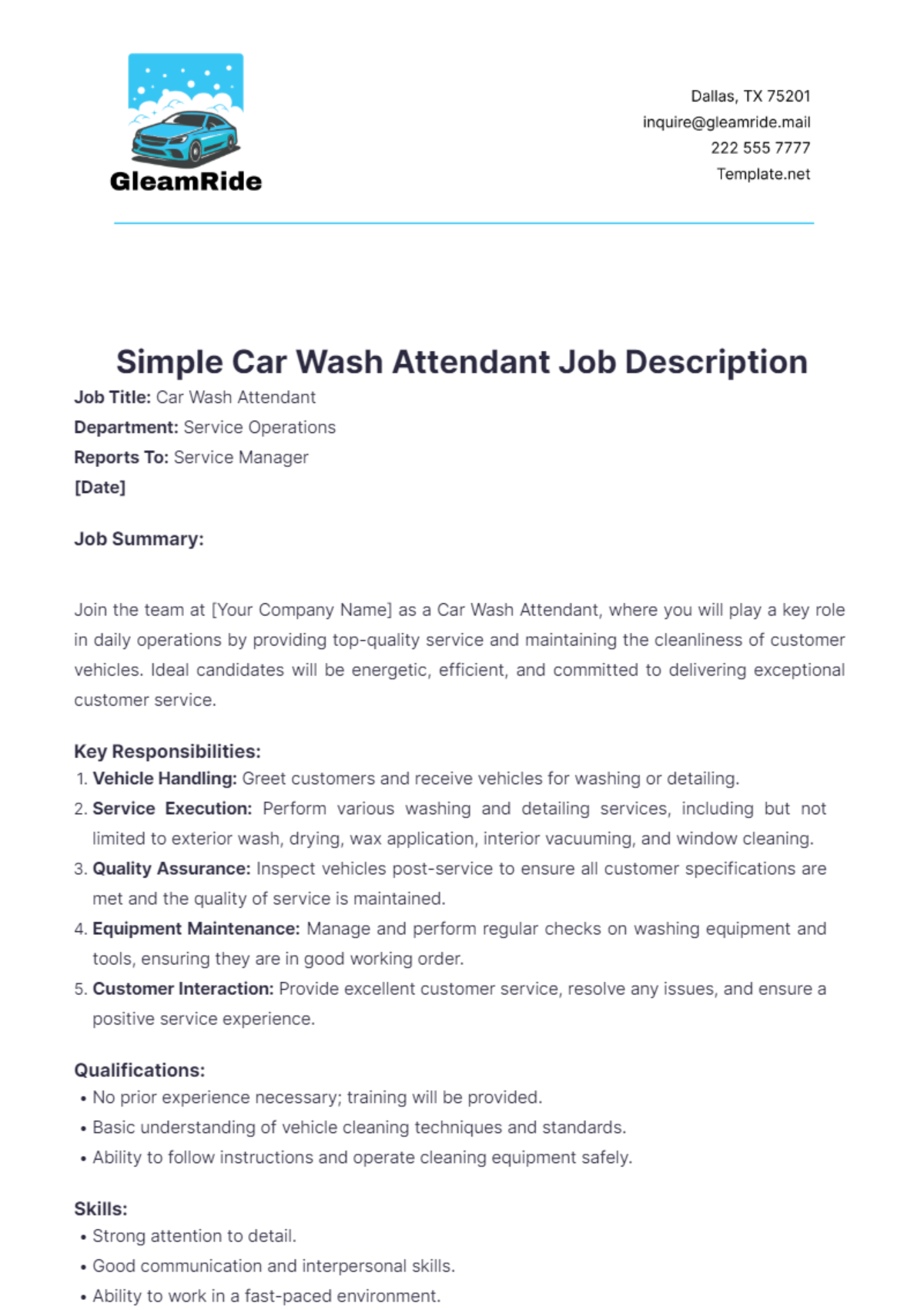 Simple Car Wash Attendant Job Description Template - Edit Online & Download