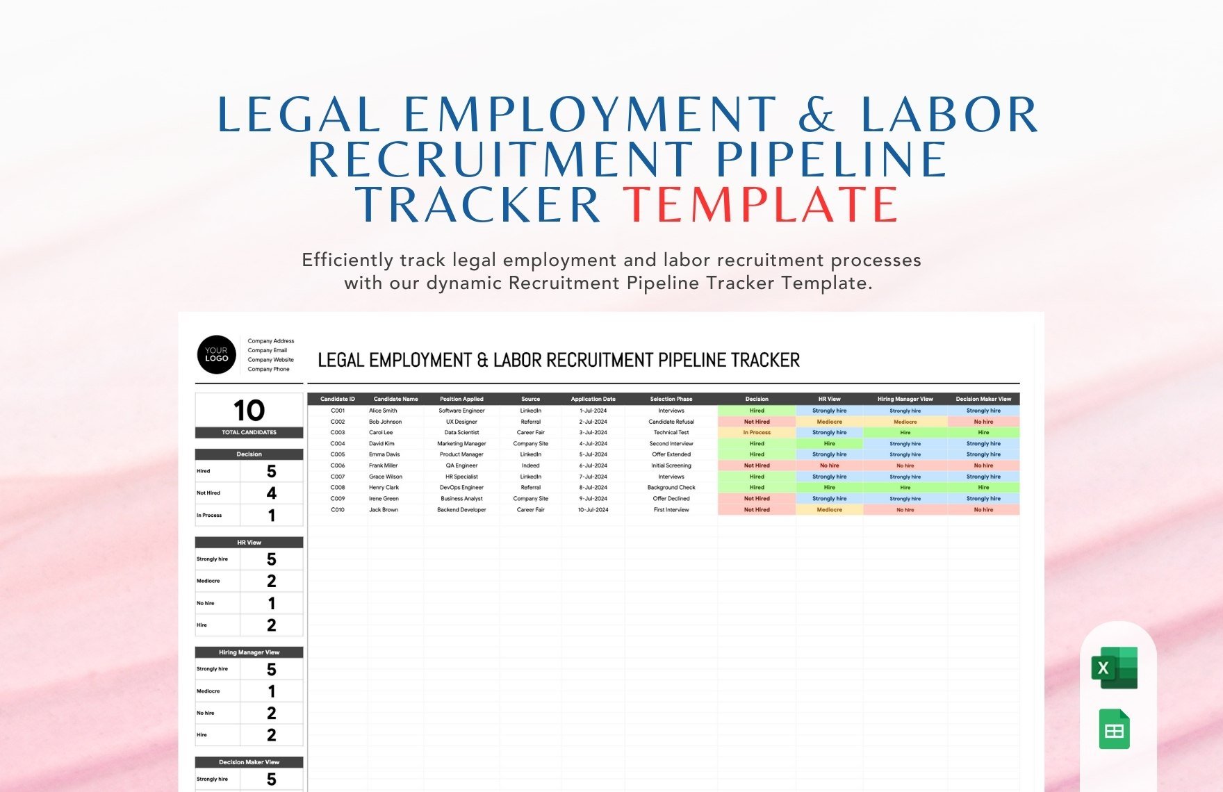Legal Employment & Labor Recruitment Pipeline Tracker Template in Excel, Google Sheets