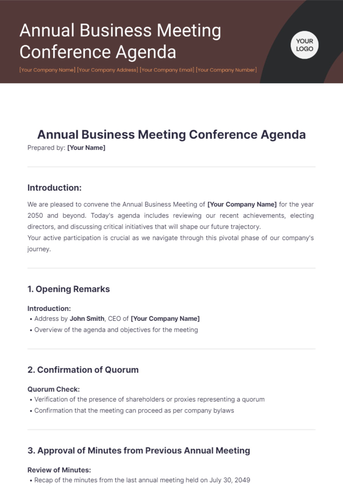 Annual Business Meeting Conference Agenda Template - Edit Online & Download