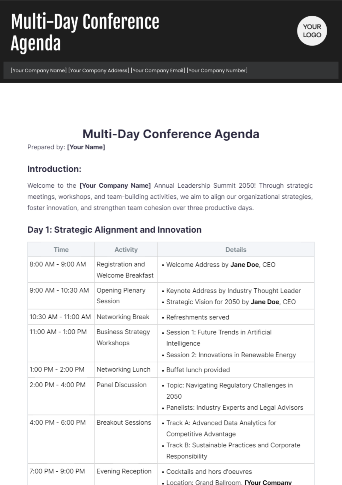 Multi-Day Conference Agenda Template - Edit Online & Download