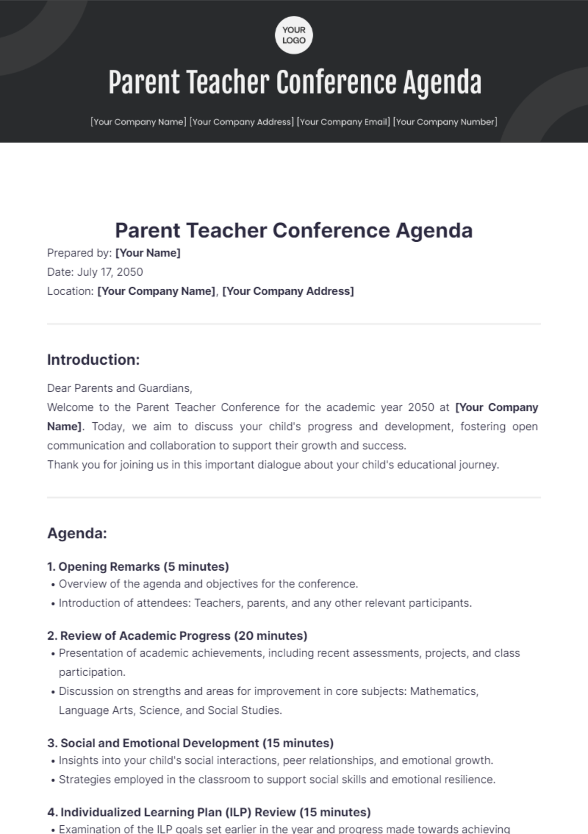 Parent Teacher Conference Agenda Template - Edit Online & Download