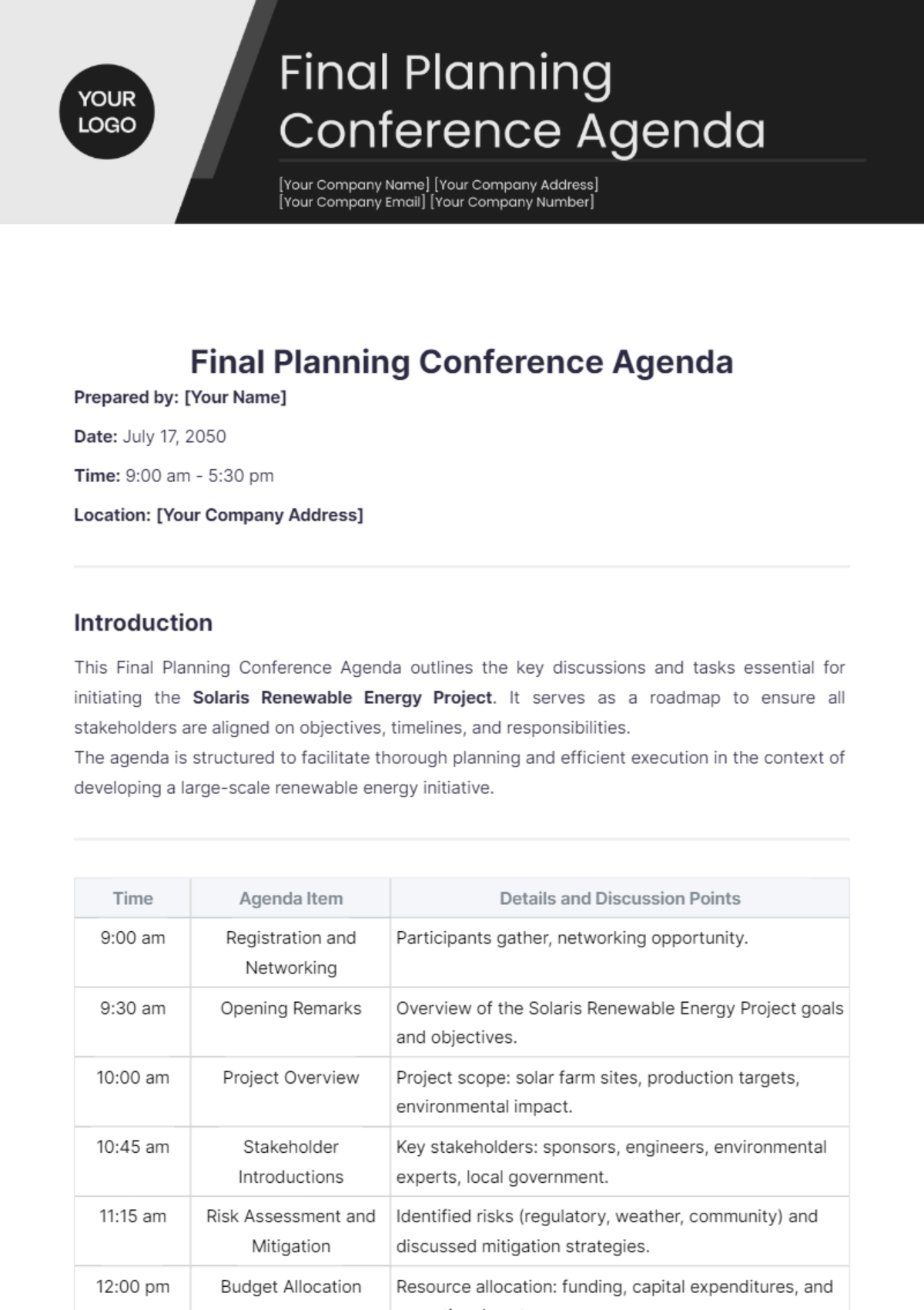 Final Planning Conference Agenda Template - Edit Online & Download