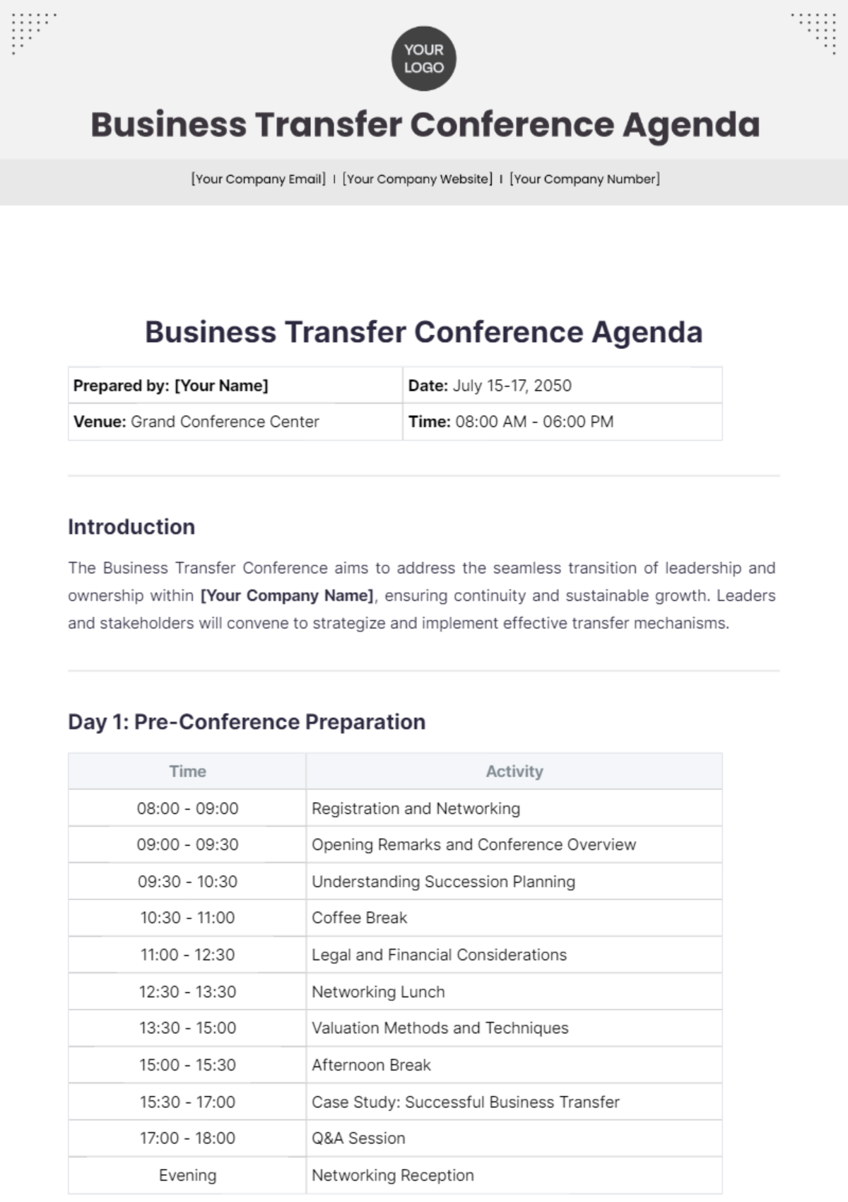 Business Transfer Conference Agenda Template - Edit Online & Download