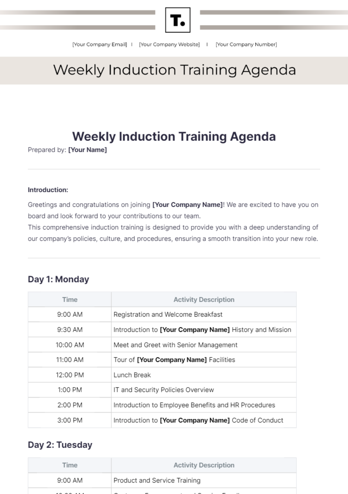 Weekly Induction Training Agenda Template - Edit Online & Download