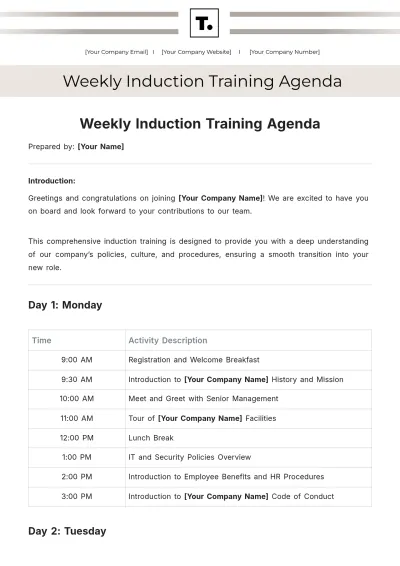 Free Weekly Induction Training Agenda Template to Edit Online