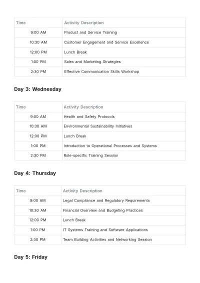 Free Weekly Induction Training Agenda Template to Edit Online