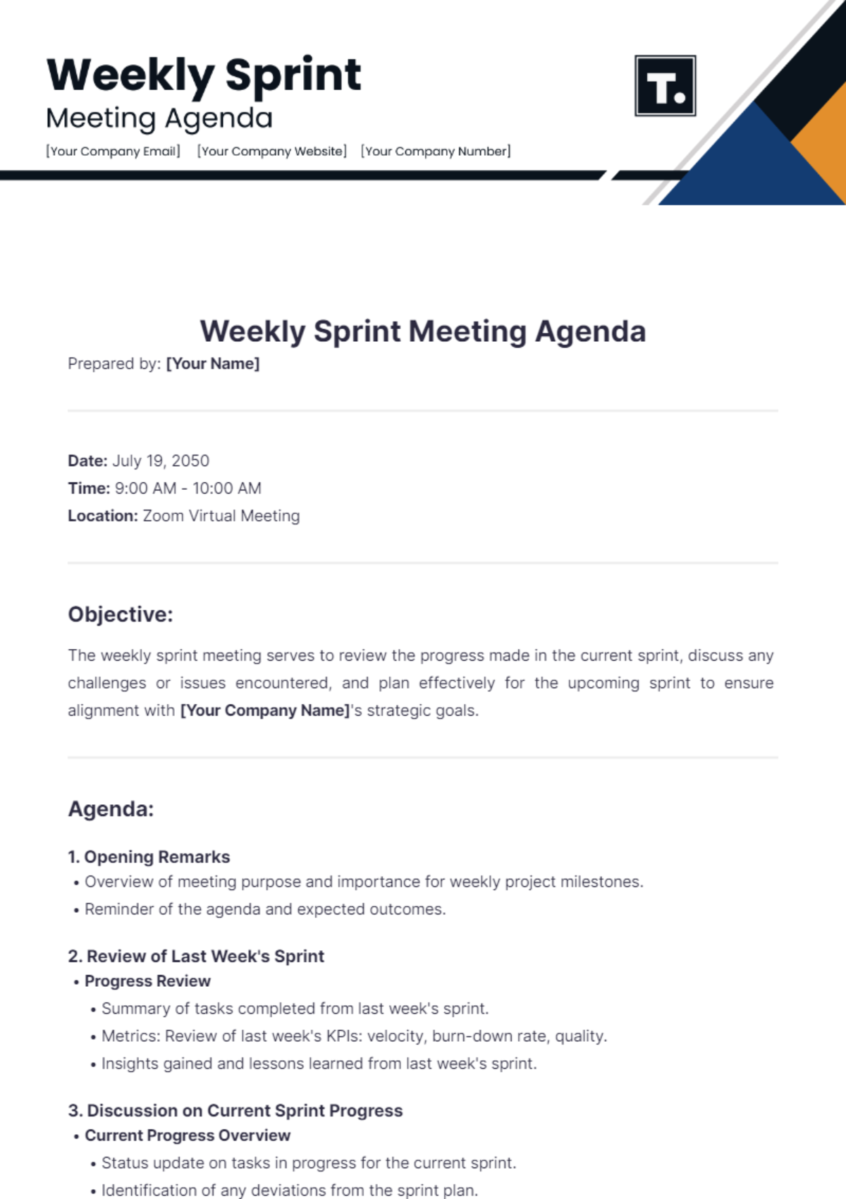 Weekly Sprint Meeting Agenda Template - Edit Online & Download