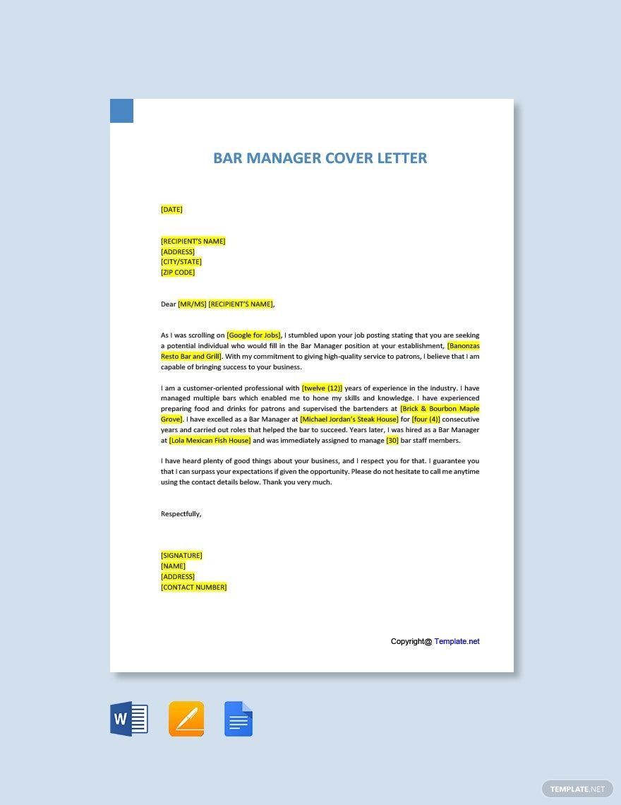 Bar Manager Cover Letter Template in Word, Google Docs, PDF, Apple Pages