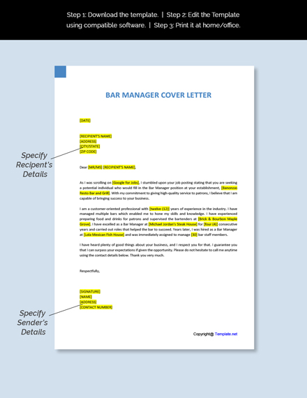 Bar Manager Cover Letter Template - Google Docs, Word | Template.net