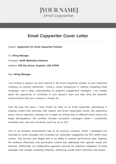 Free Email Copywriter Cover Letter to Edit Online