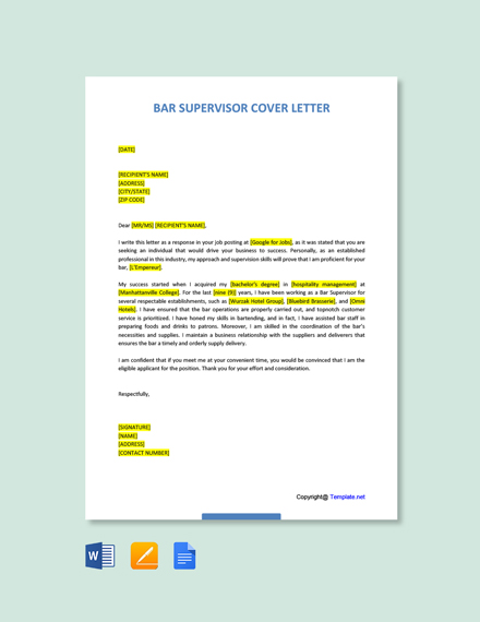 Free Bar Supervisor Cover Letter Template - Google Docs, Word ...