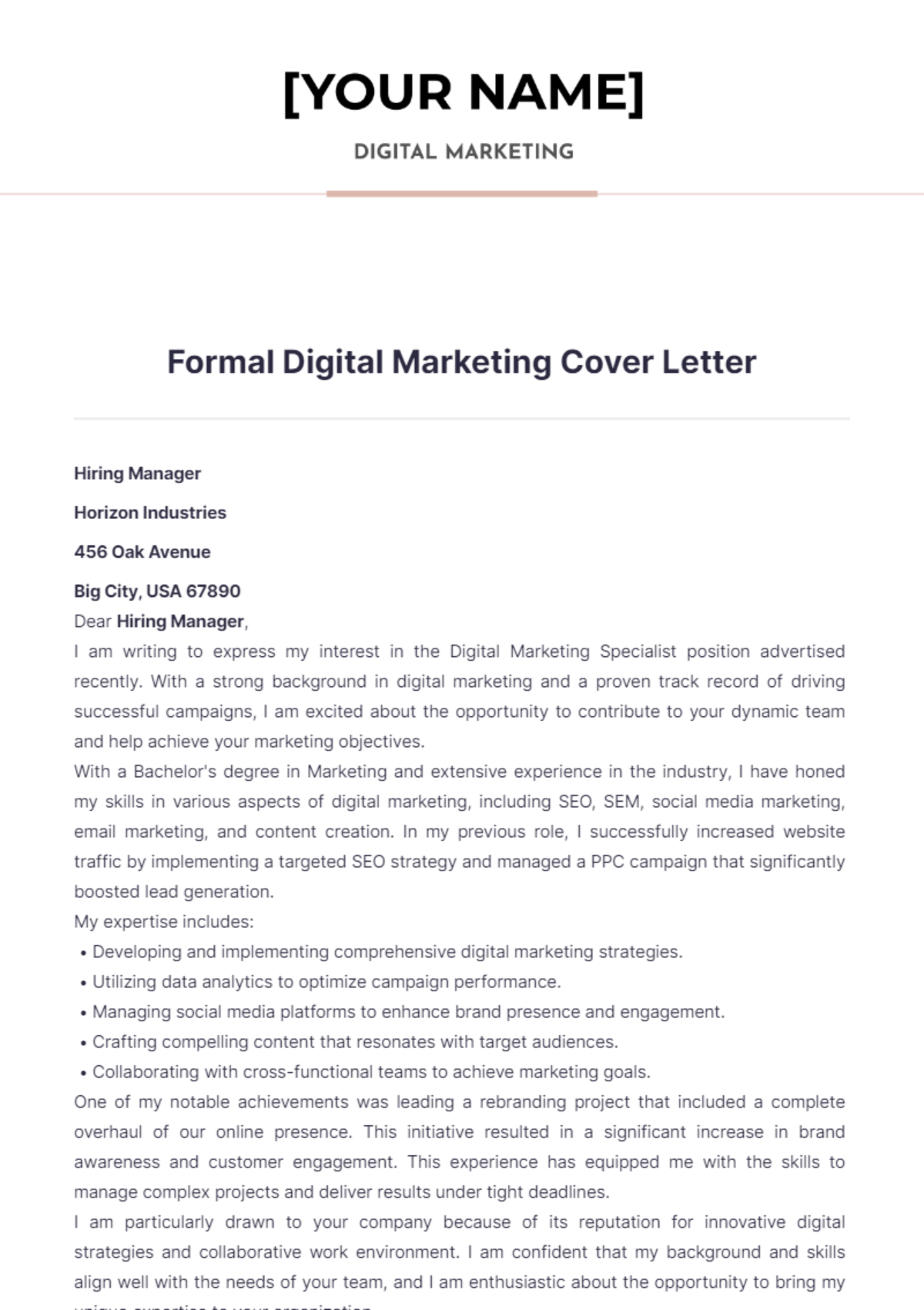 Formal Digital Marketing Cover Letter - Edit Online & Download