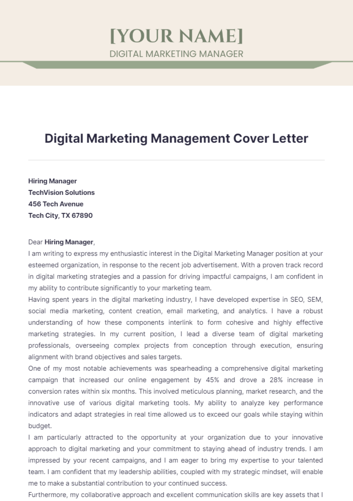 Digital Marketing Management Cover Letter - Edit Online & Download