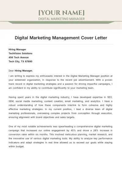 Free Digital Marketing Management Cover Letter to Edit Online