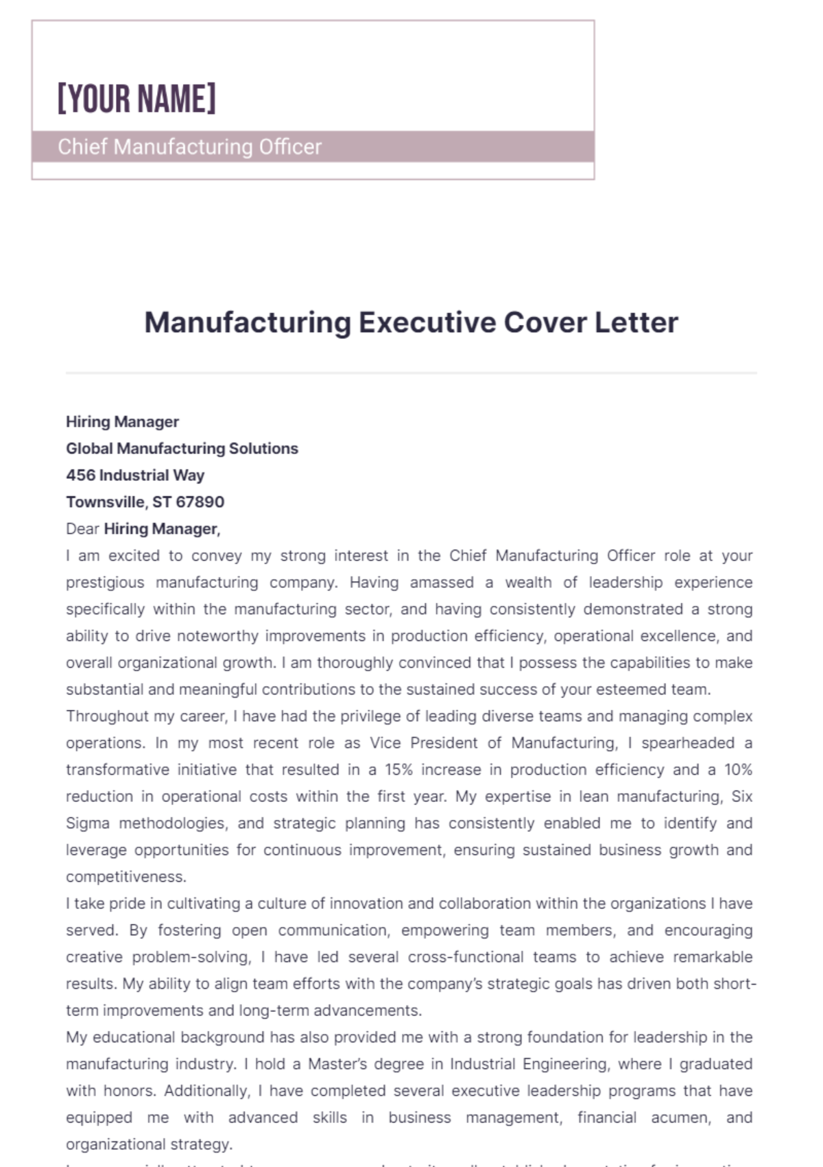 Manufacturing Executive Cover Letter - Edit Online & Download