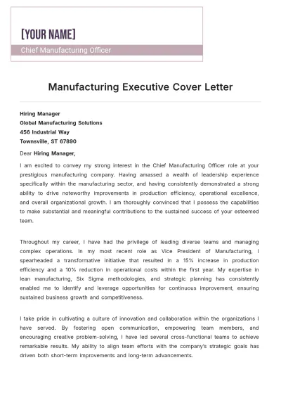 Free Manufacturing Executive Cover Letter to Edit Online