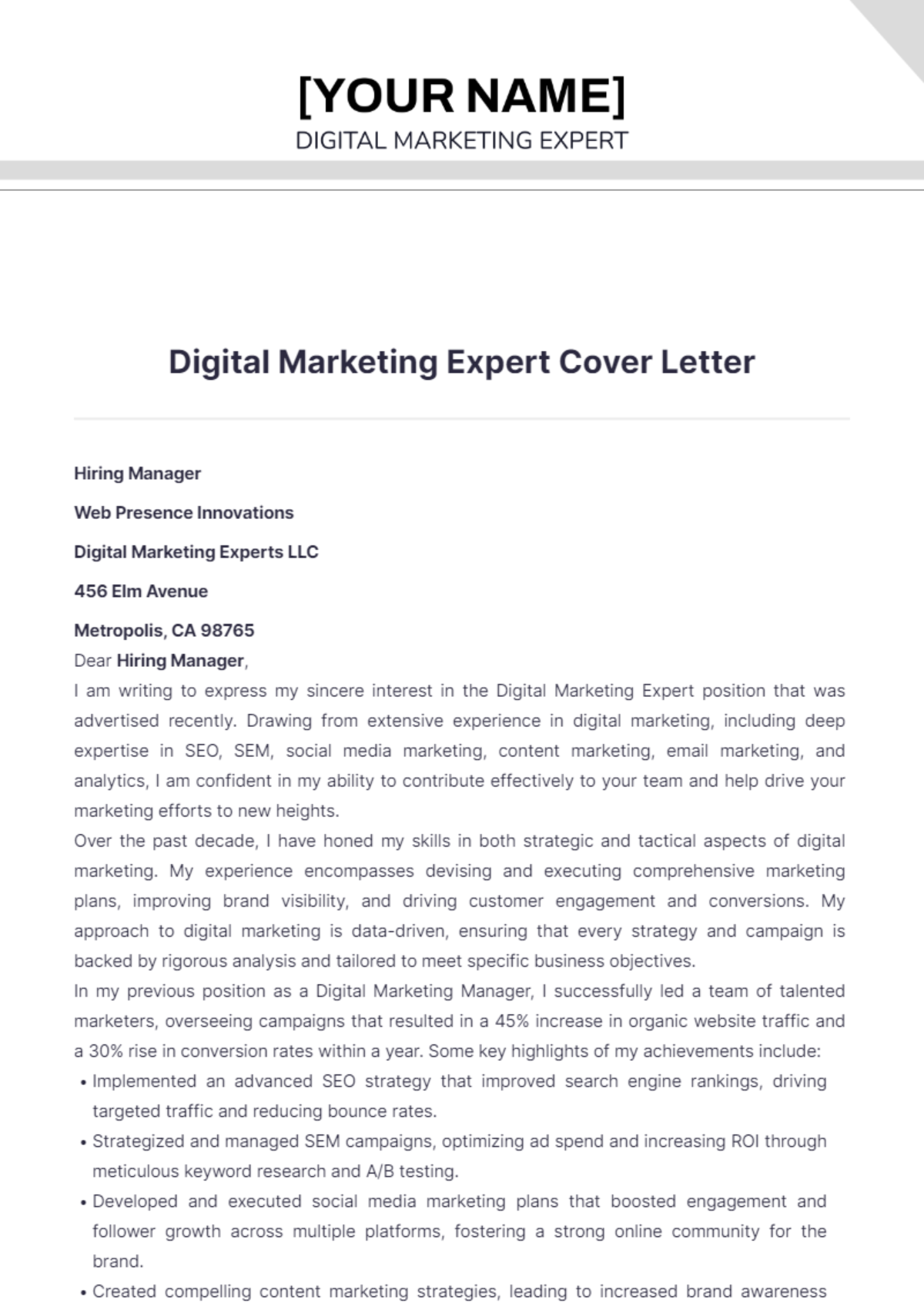 Digital Marketing Expert Cover Letter - Edit Online & Download