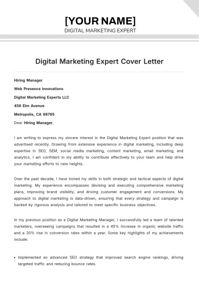 Free Digital Marketing Expert Cover Letter to Edit Online