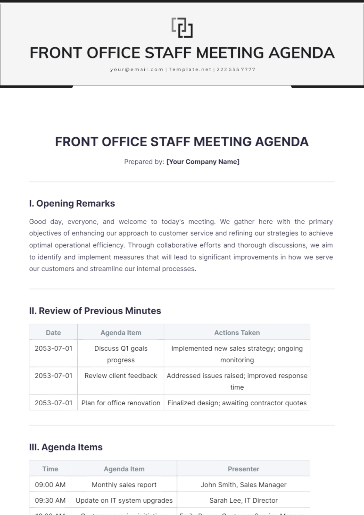 Front Office Staff Meeting Agenda Template - Edit Online & Download