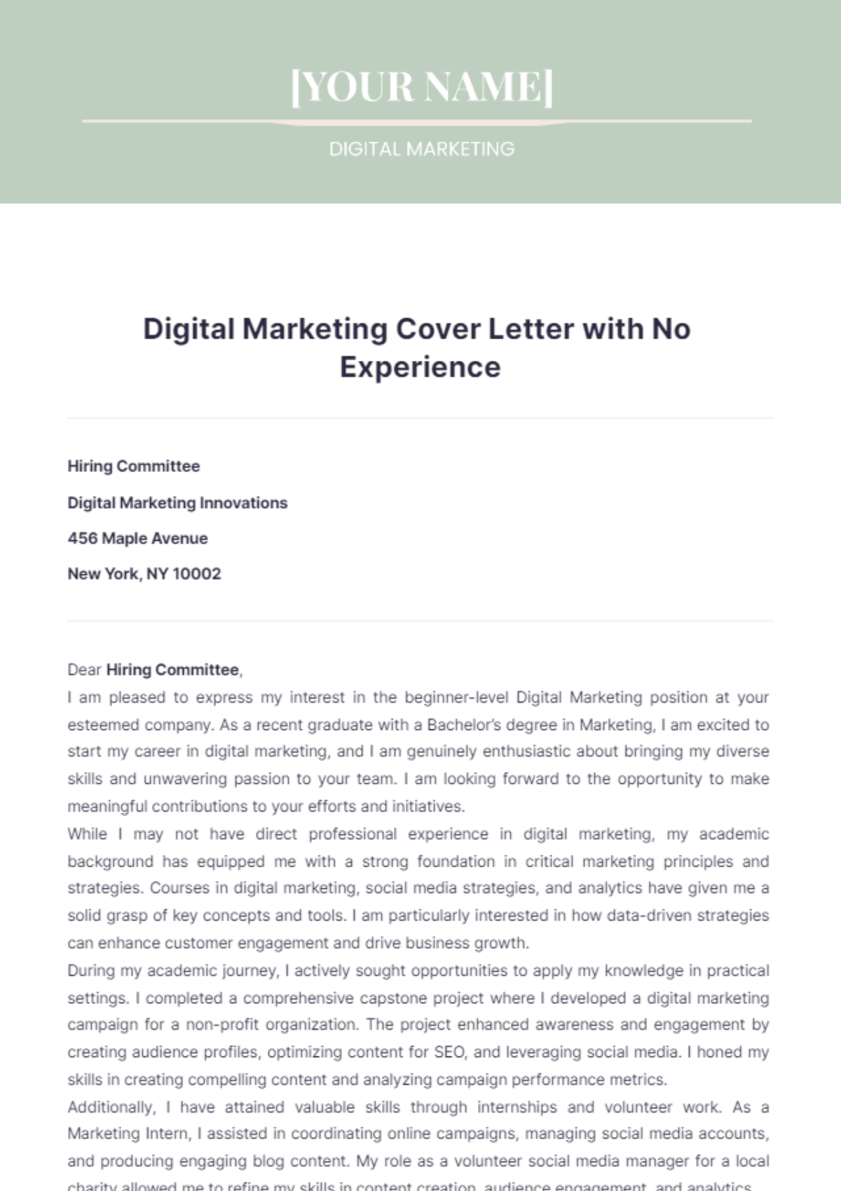 Digital Marketing Cover Letter with No Experience - Edit Online & Download