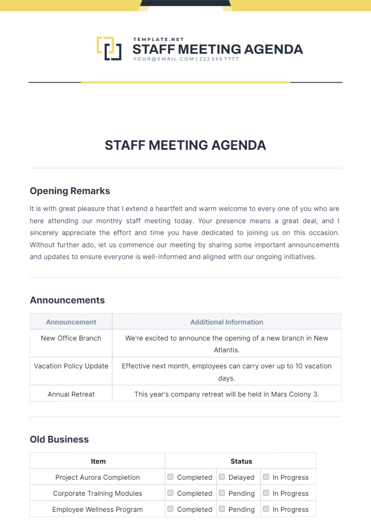 Staff Meeting Agenda Outline Template - Edit Online & Download