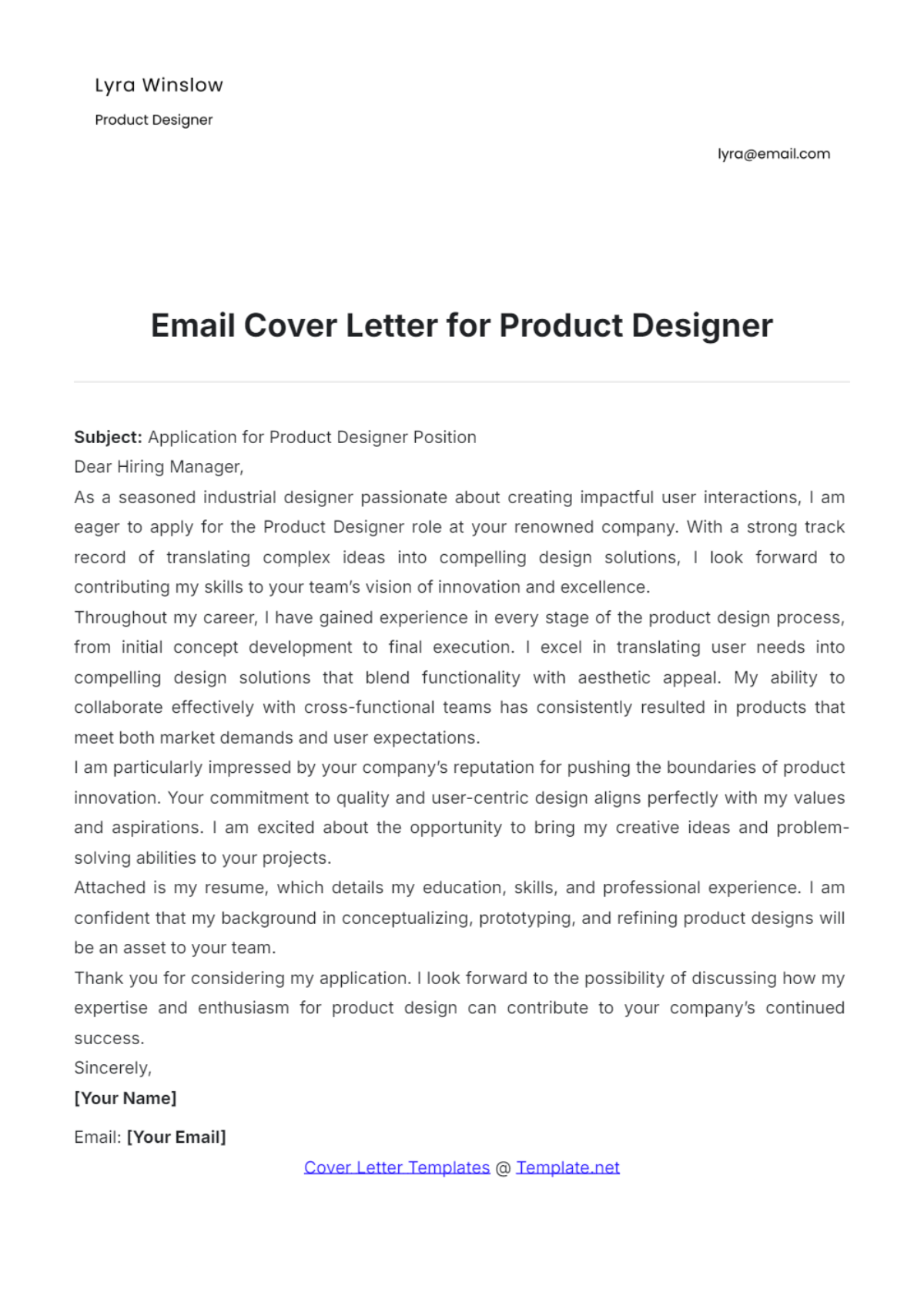 Email Cover Letter for Product Designer - Edit Online & Download