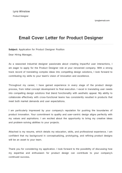 Free Email Cover Letter for Product Designer to Edit Online