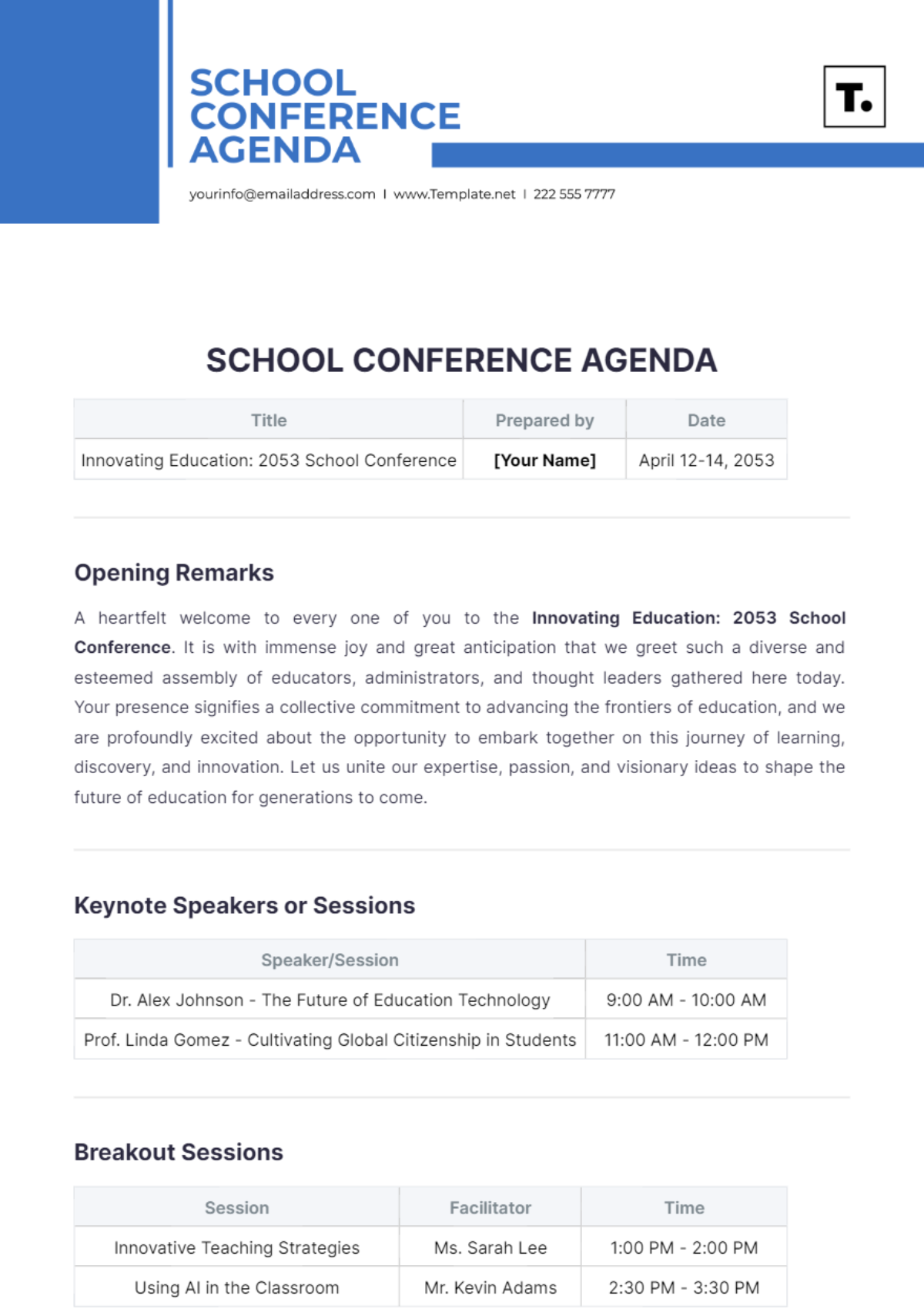 School Conference Agenda Template - Edit Online & Download