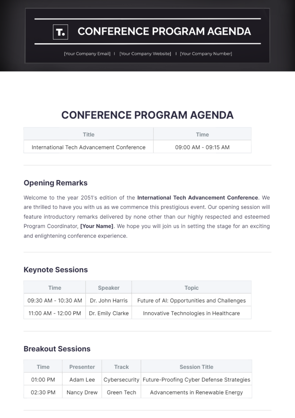 Conference Program Agenda Template - Edit Online & Download