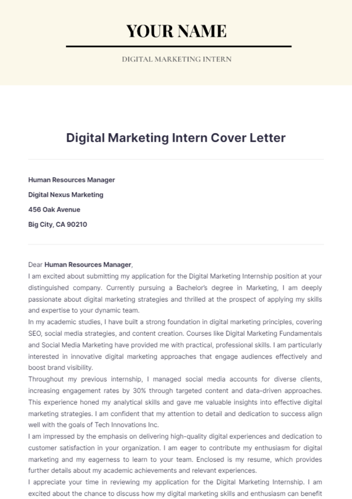 Digital Marketing Intern Cover Letter - Edit Online & Download