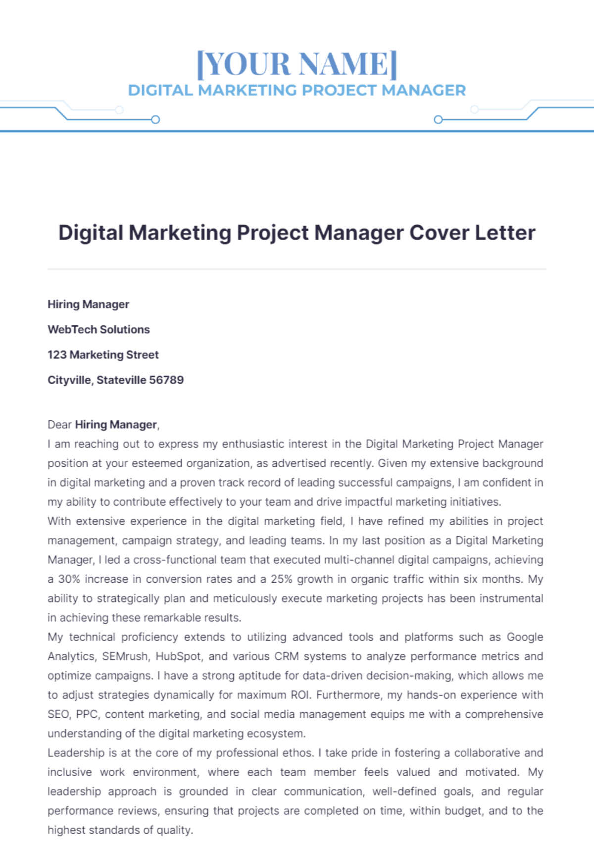 Digital Marketing Project Manager Cover Letter - Edit Online & Download