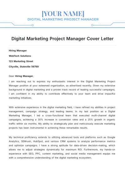 Free Digital Marketing Project Manager Cover Letter to Edit Online
