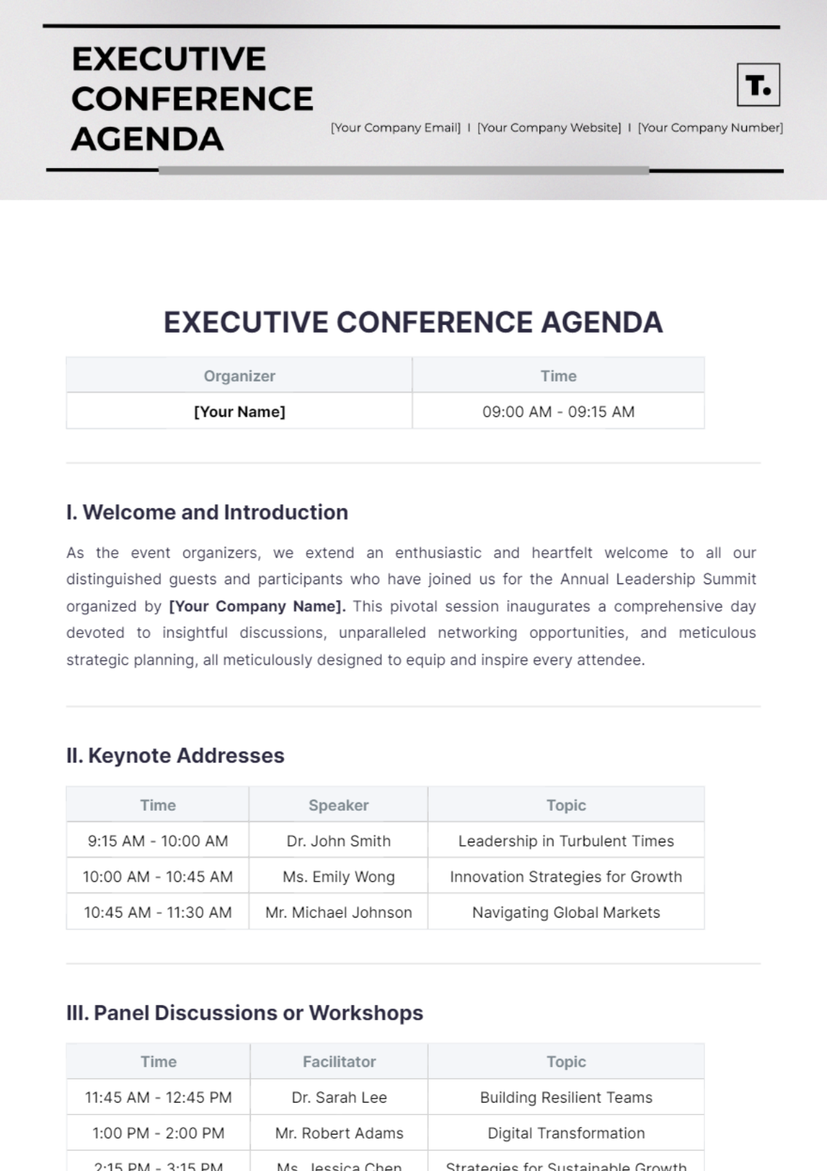 Executive Conference Agenda Template - Edit Online & Download