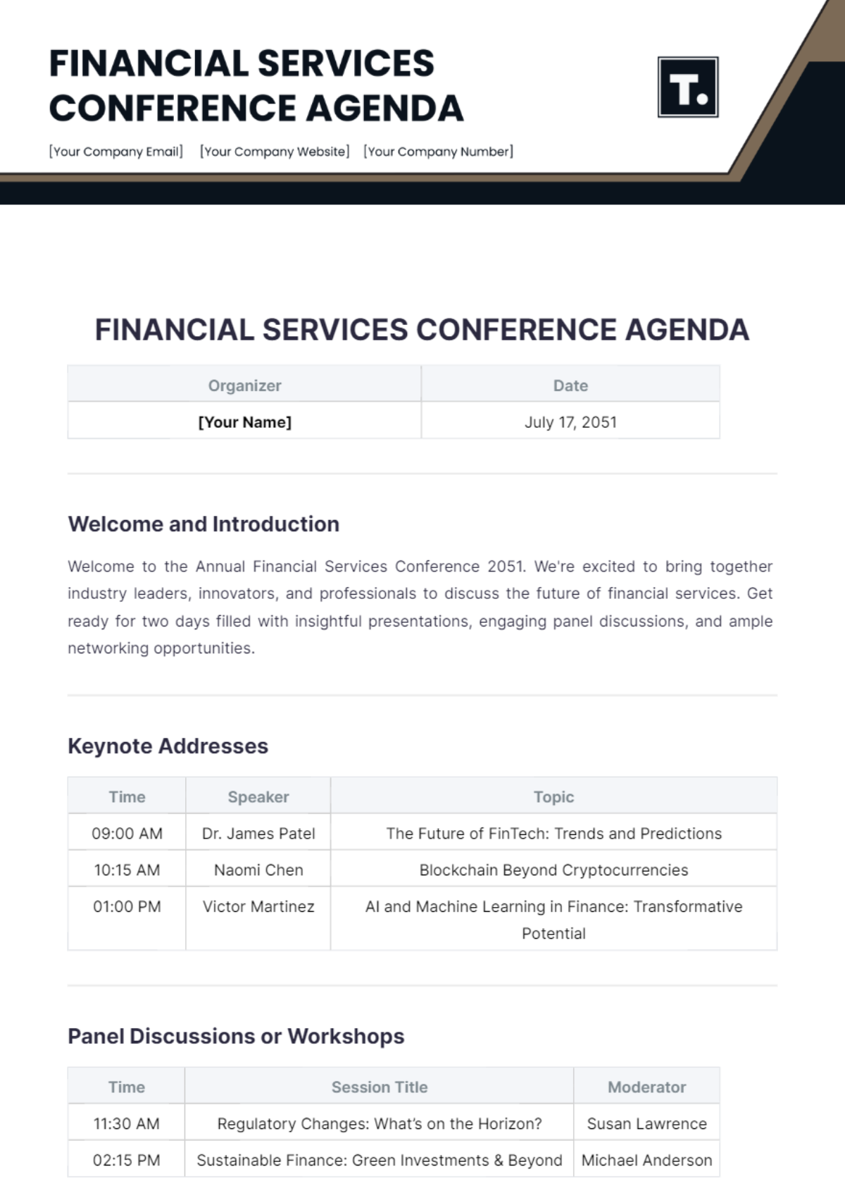 Financial Services Conference Agenda Template - Edit Online & Download