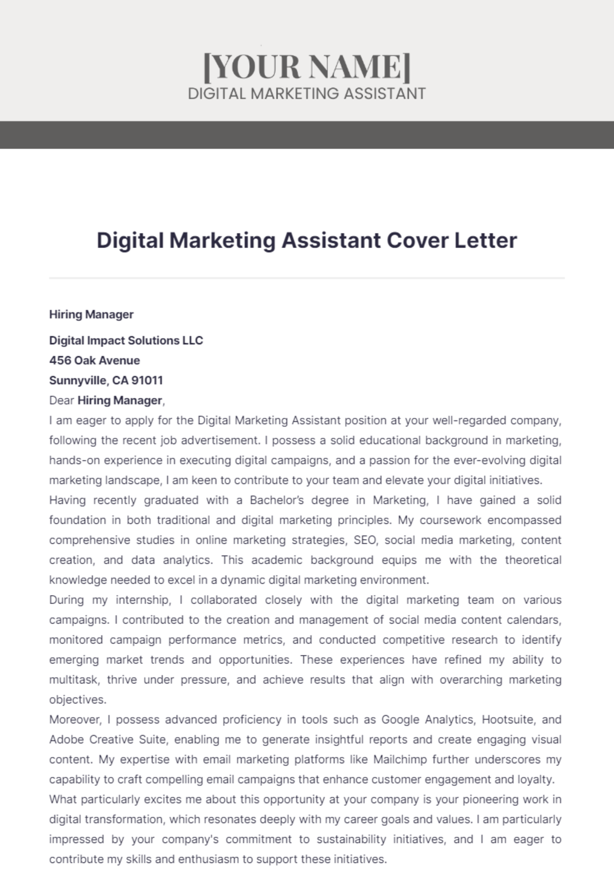 Digital Marketing Assistant Cover Letter - Edit Online & Download