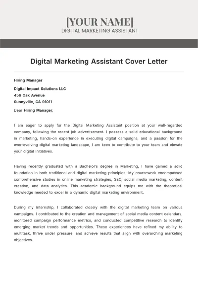 Free Digital Marketing Assistant Cover Letter to Edit Online