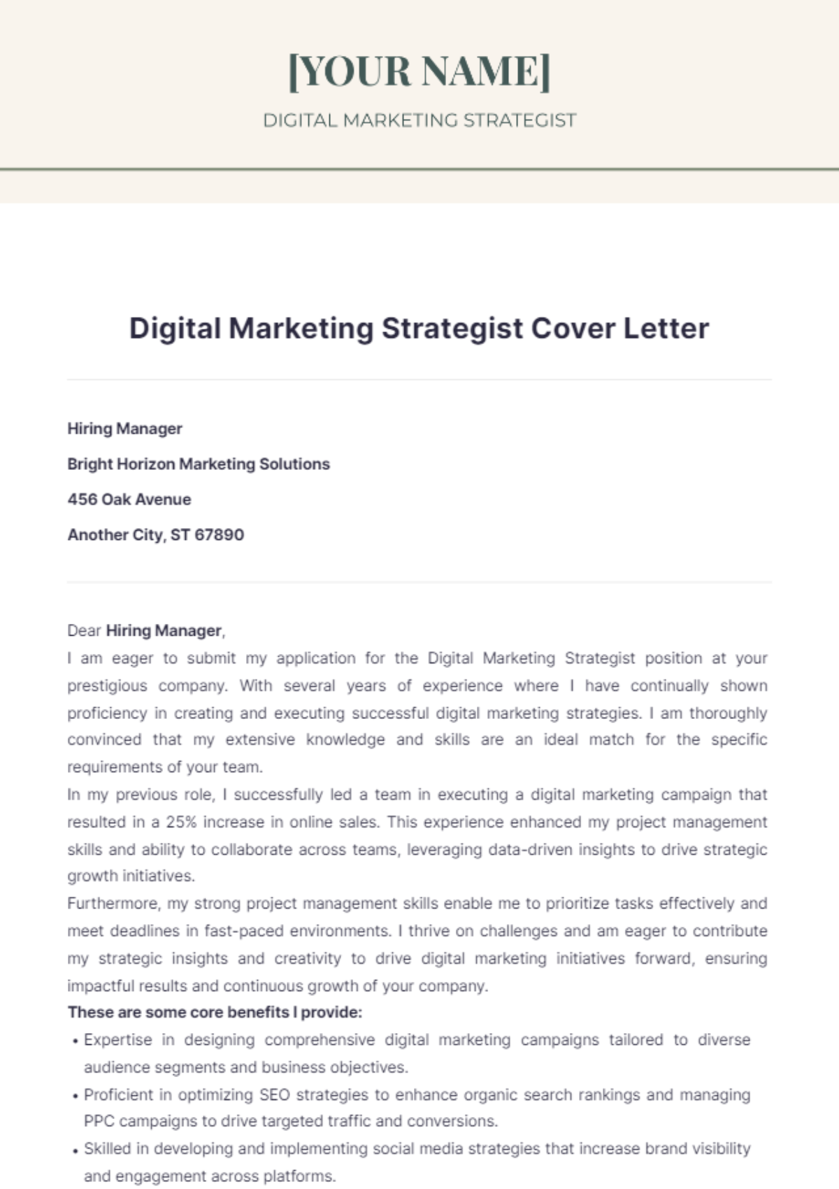 Digital Marketing Strategist Cover Letter - Edit Online & Download