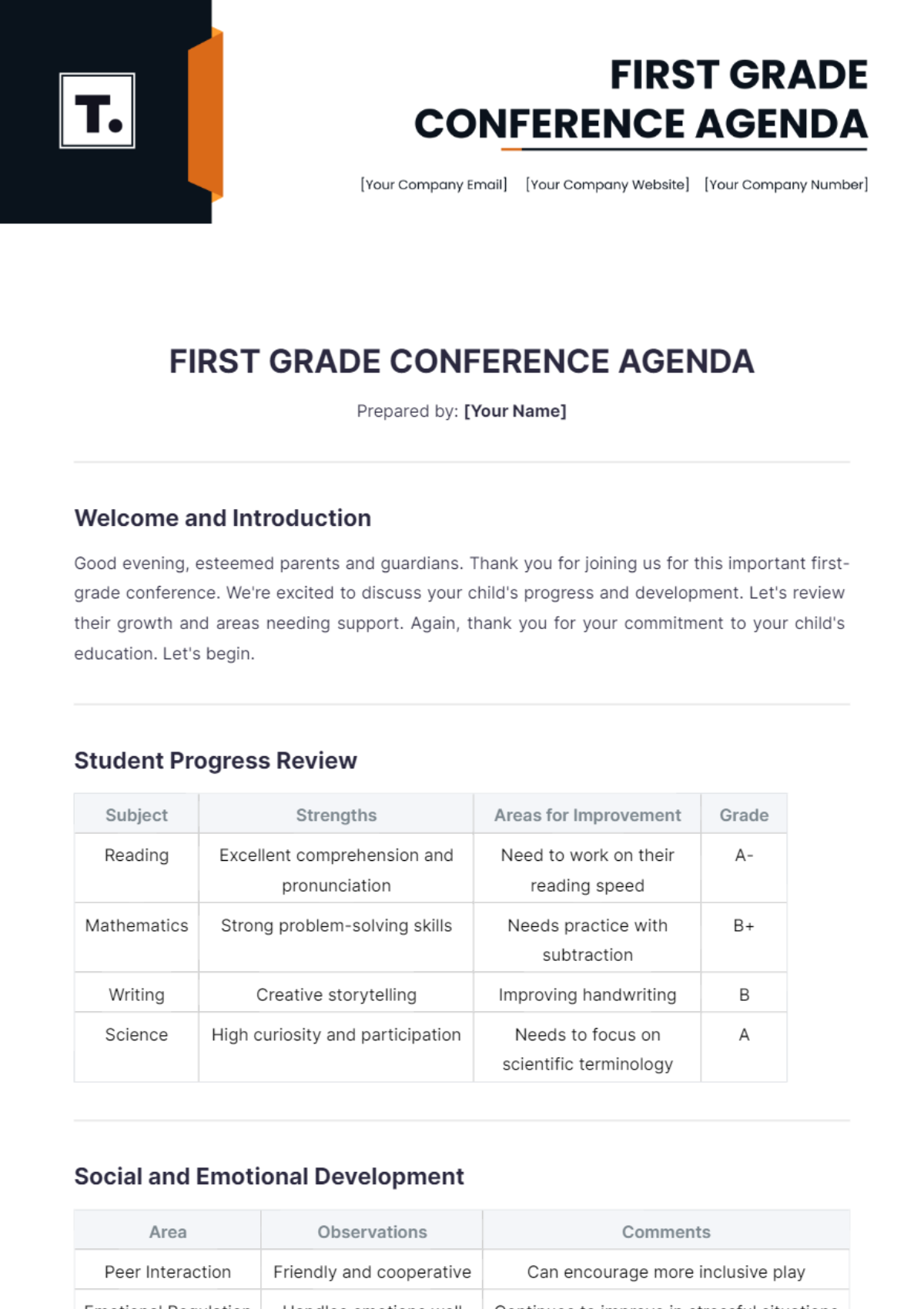 First Grade Conference Agenda Template - Edit Online & Download