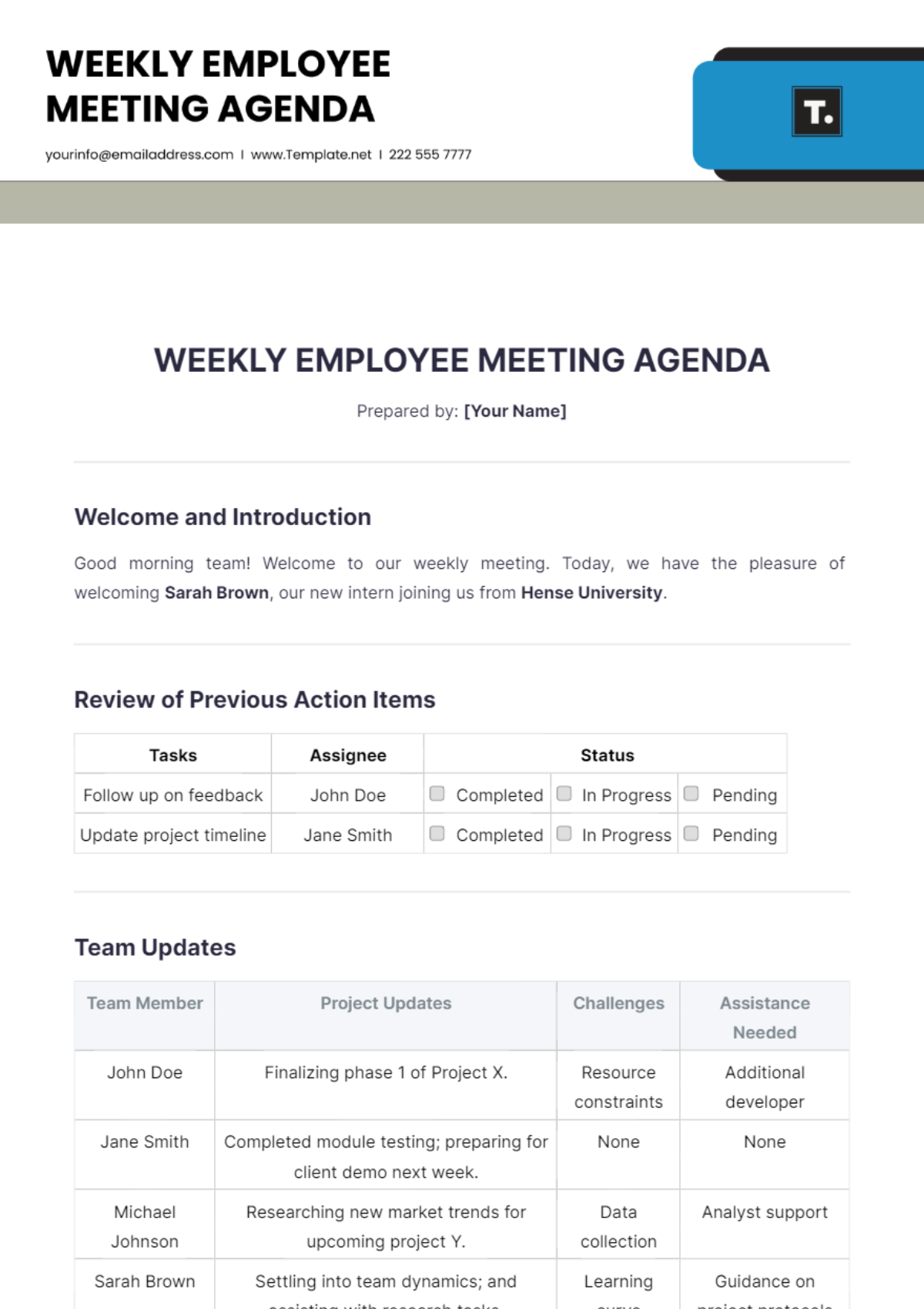 Weekly Employee Meeting Agenda Template - Edit Online & Download