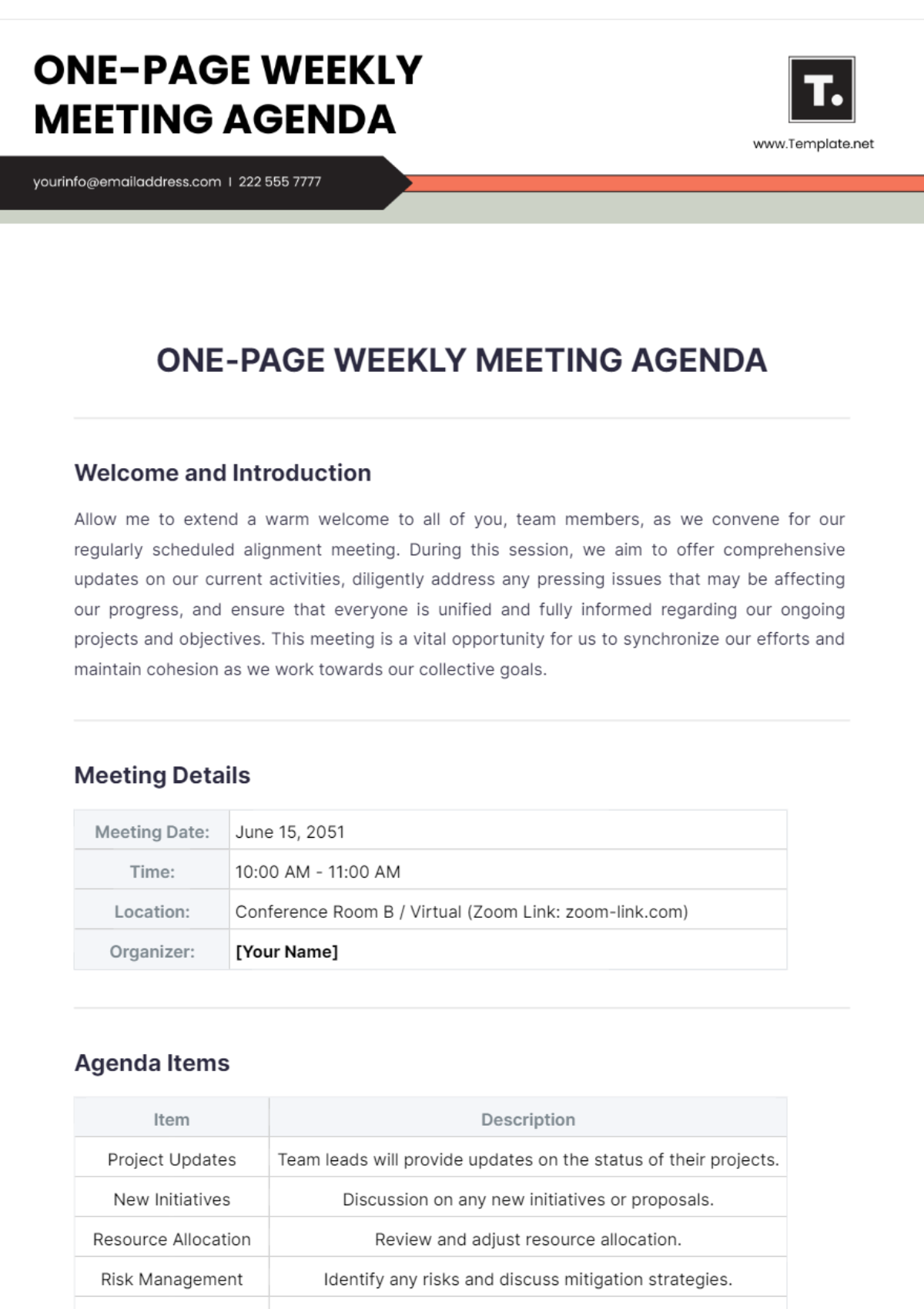 One Page Weekly Meeting Agenda Template - Edit Online & Download