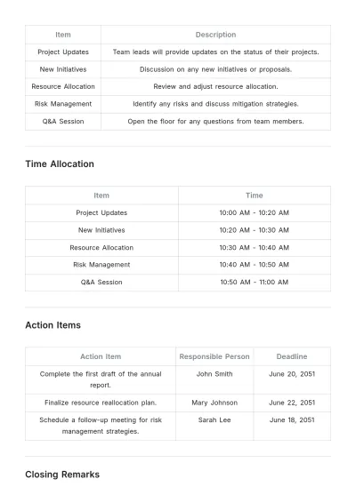 Free One Page Weekly Meeting Agenda Template to Edit Online
